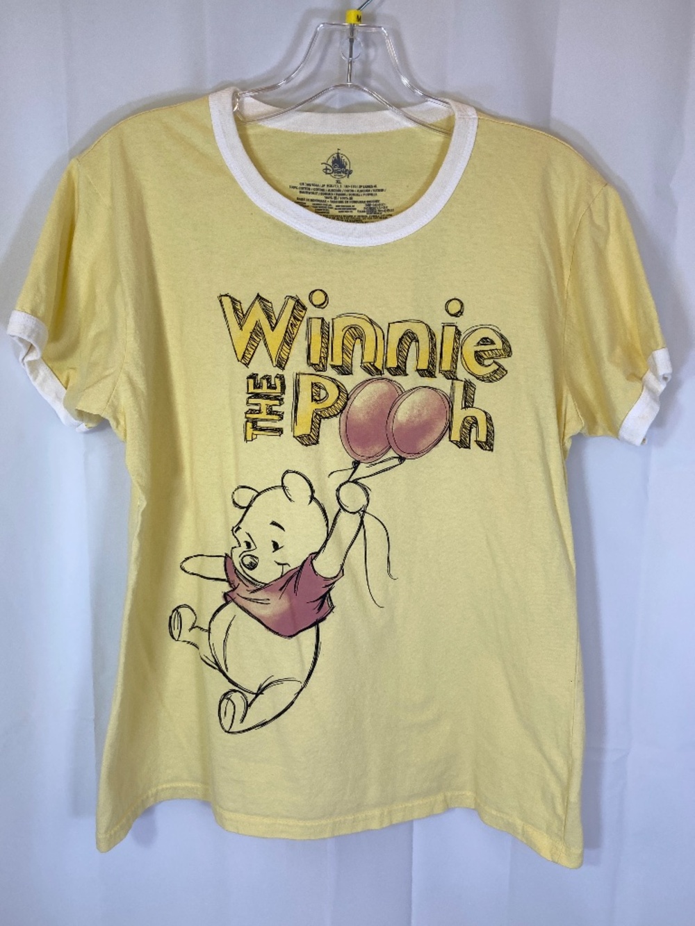 Disney Store Winnie the Pooh Shirt Sz XL Women Yellow White Trim Red Balloon